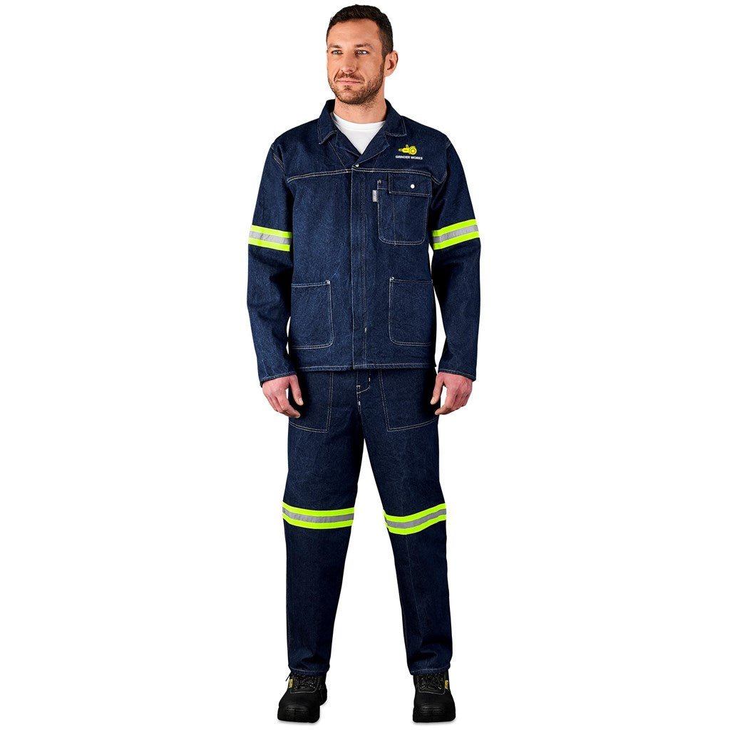 Cast Premium 100% Cotton Denim Jacket - Reflective Arms & Back - Yellow Tape - Brand your company Logo! Get a quote - Promo Lingo