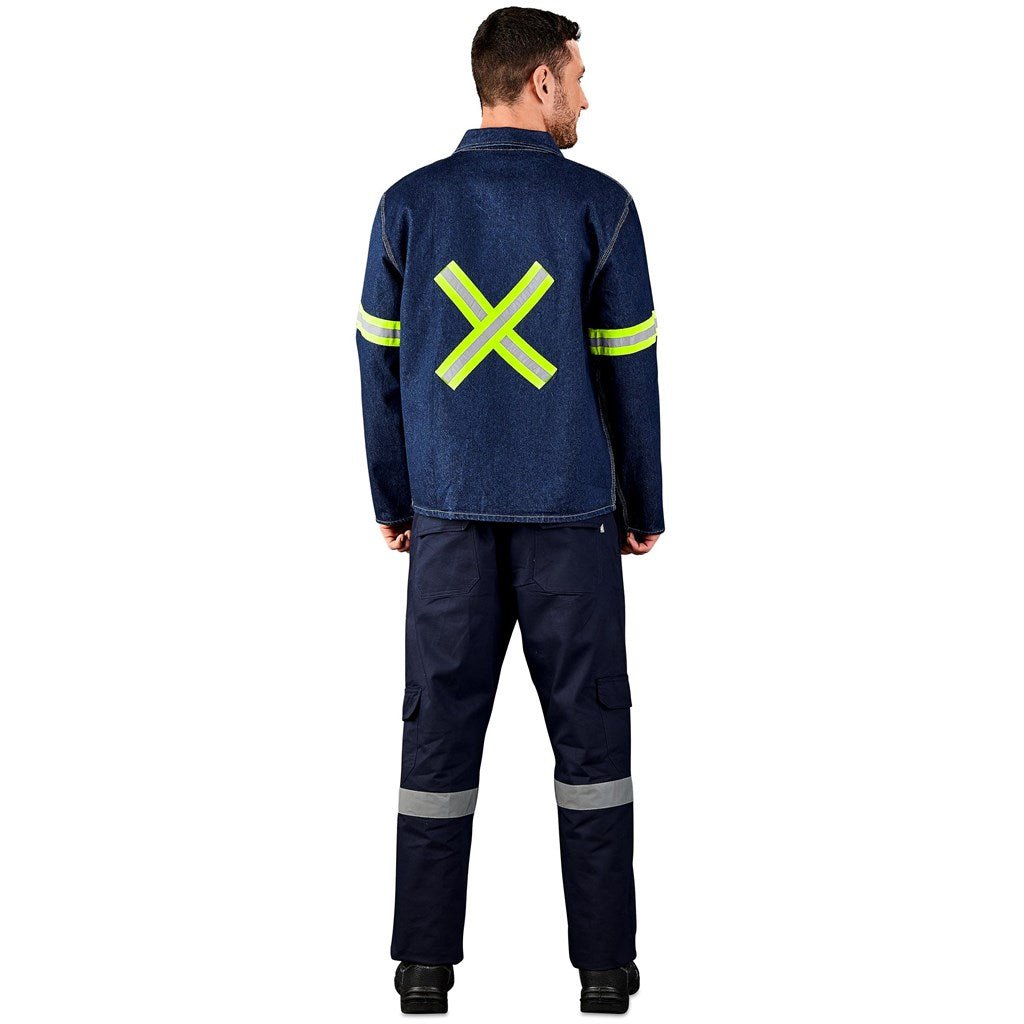 Cast Premium 100% Cotton Denim Jacket - Reflective Arms & Back - Yellow Tape - Brand your company Logo! Get a quote - Promo Lingo