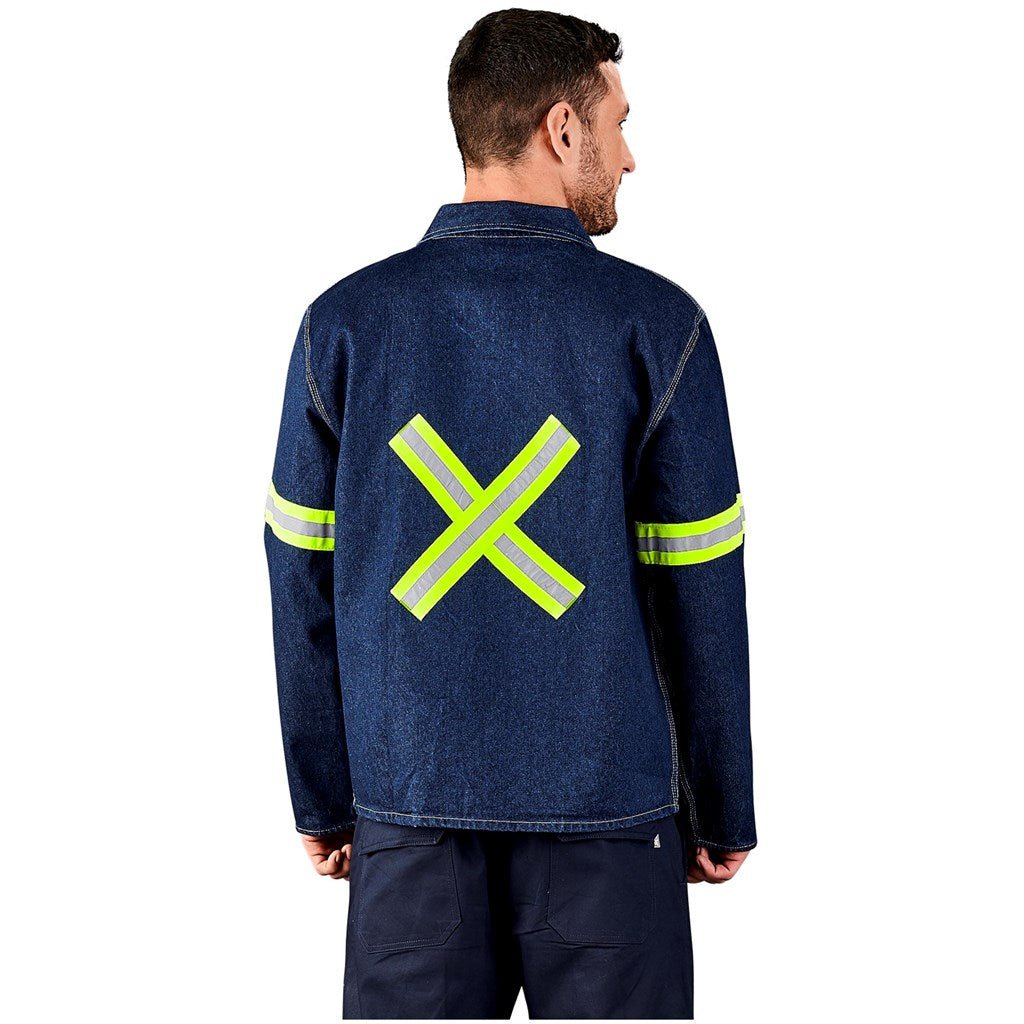 Cast Premium 100% Cotton Denim Jacket - Reflective Arms & Back - Yellow Tape - Brand your company Logo! Get a quote - Promo Lingo