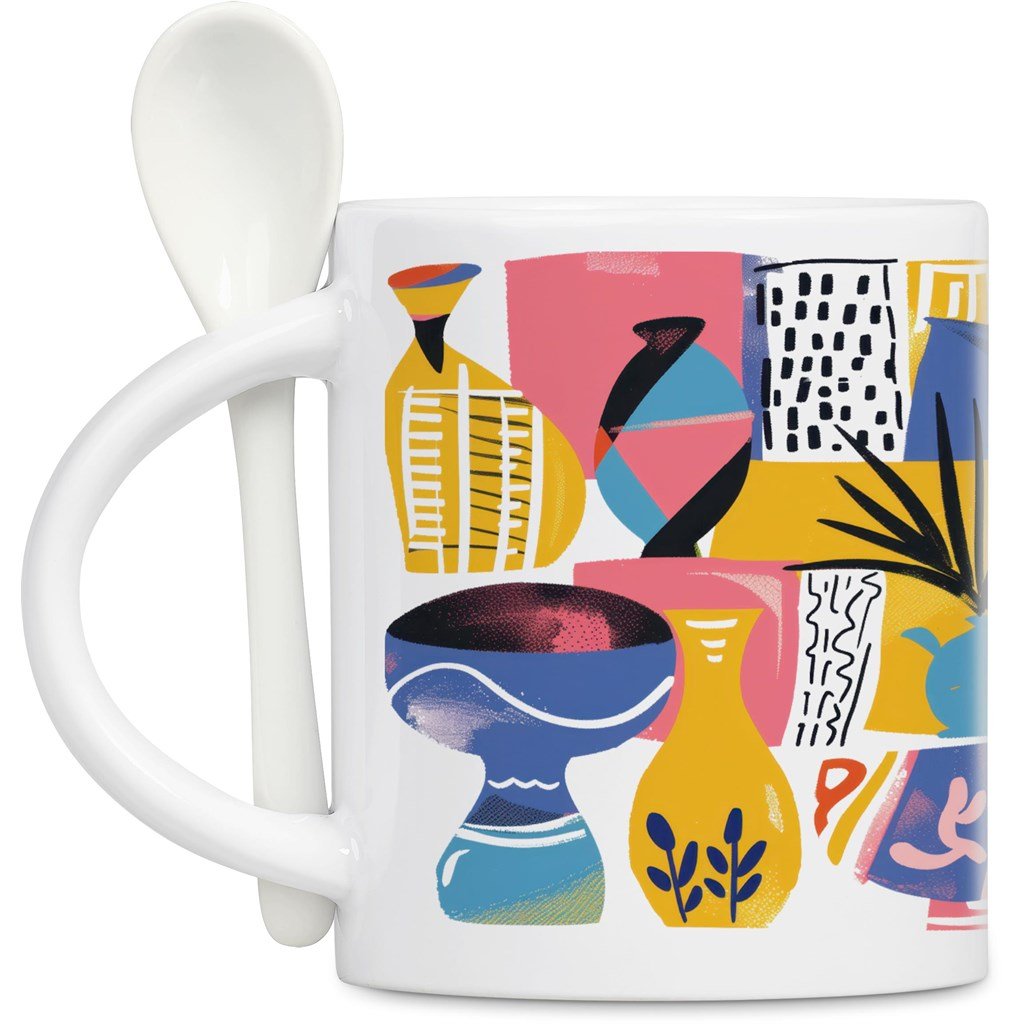 Eden Sublimation Ceramic Coffee Mug & Spoon Set - 320ml - Brand your company Logo! Get a quote - Promo Lingo