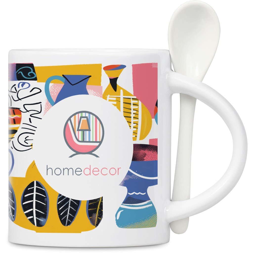 Eden Sublimation Ceramic Coffee Mug & Spoon Set - 320ml - Brand your company Logo! Get a quote - Promo Lingo