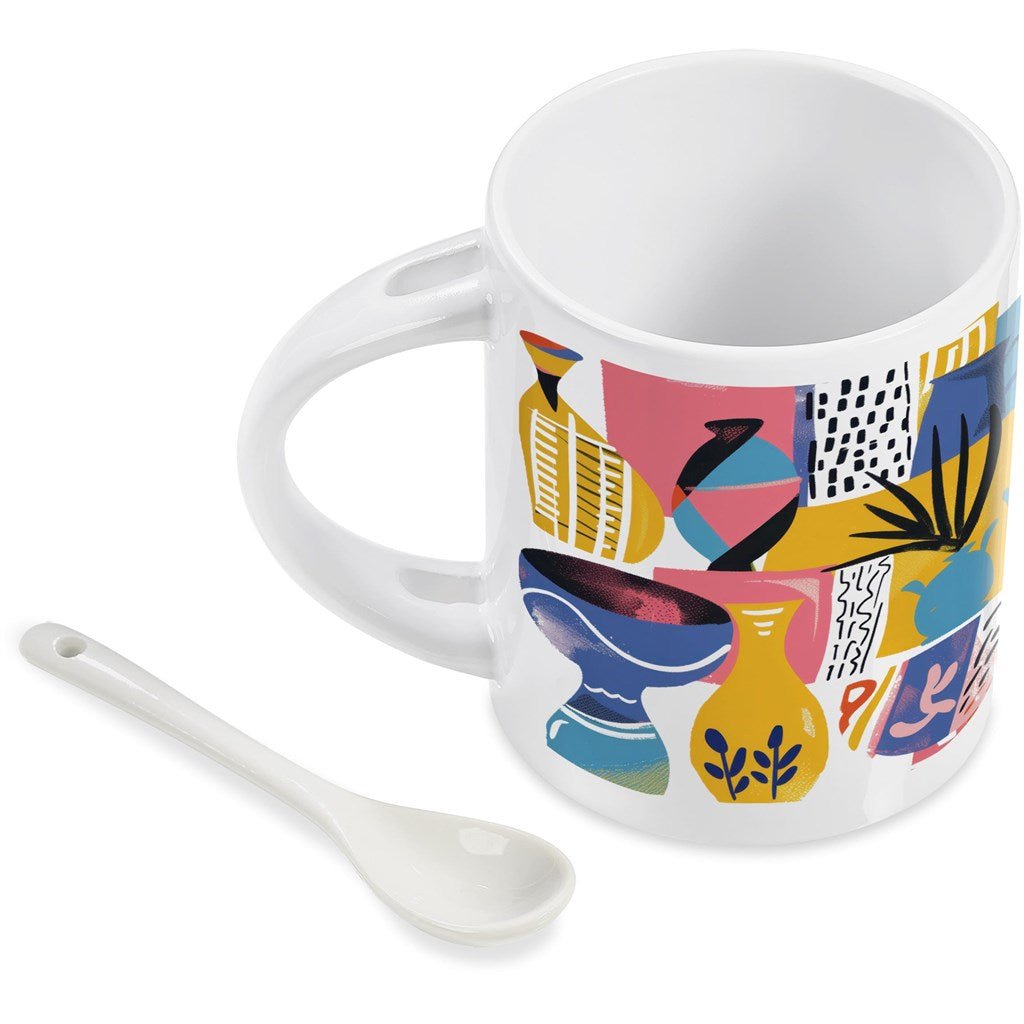 Eden Sublimation Ceramic Coffee Mug & Spoon Set - 320ml - Brand your company Logo! Get a quote - Promo Lingo