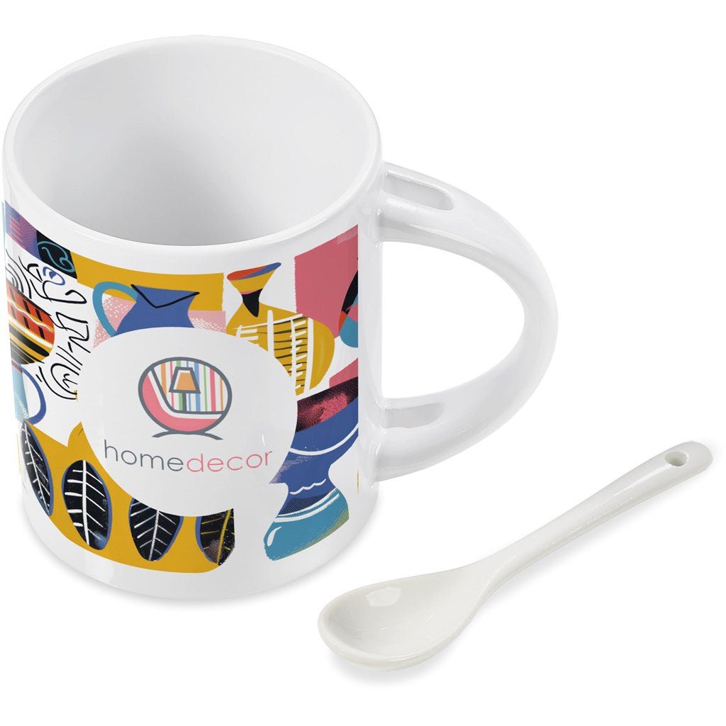 Eden Sublimation Ceramic Coffee Mug & Spoon Set - 320ml - Brand your company Logo! Get a quote - Promo Lingo