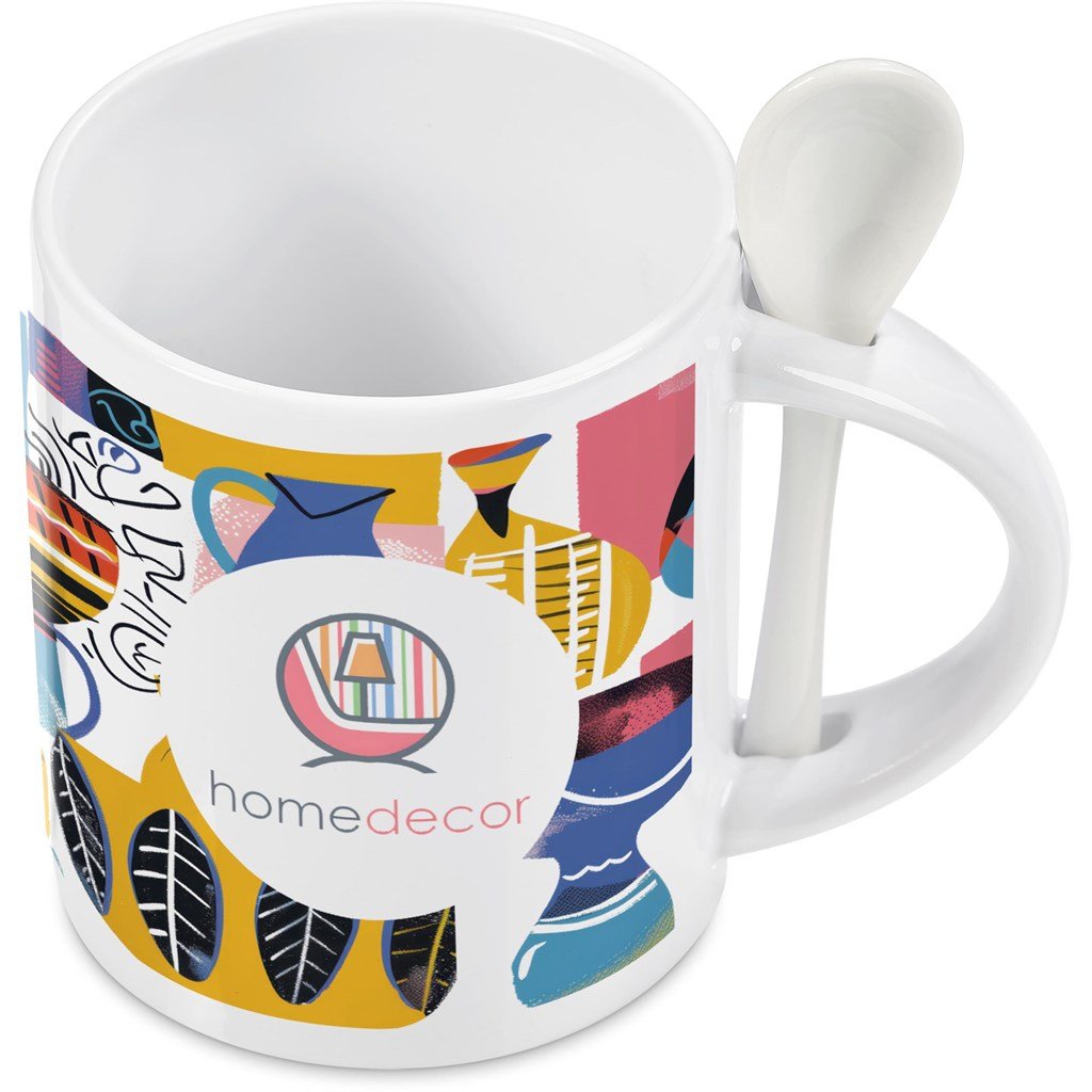 Eden Sublimation Ceramic Coffee Mug & Spoon Set - 320ml - Brand your company Logo! Get a quote - Promo Lingo