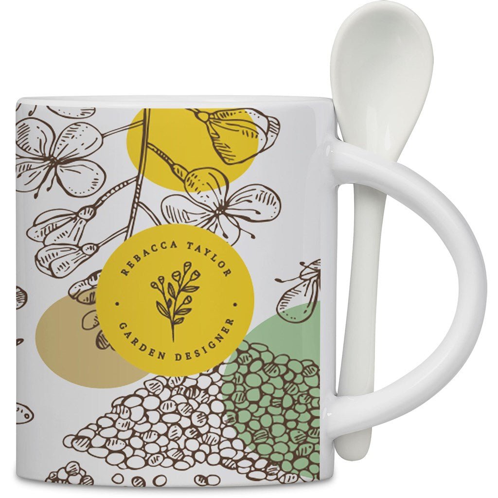Eden Sublimation Ceramic Coffee Mug & Spoon Set - 320ml - Brand your company Logo! Get a quote - Promo Lingo