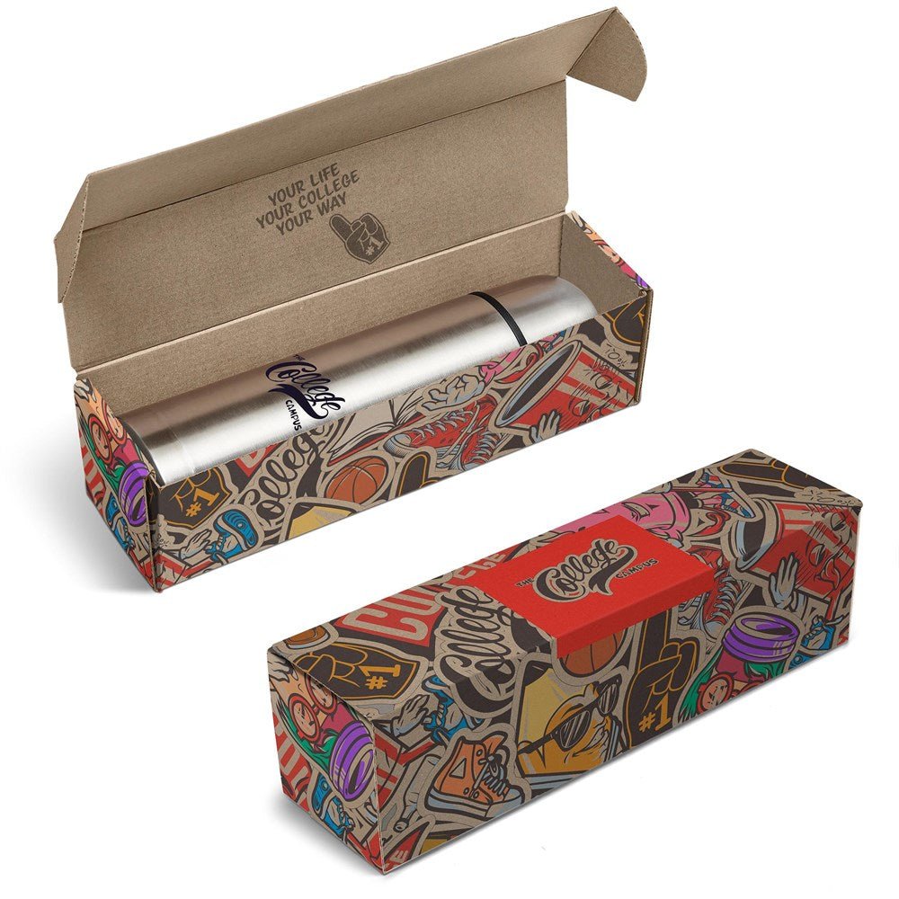 Elegant Stainless Steel Flask in Bianca Custom Gift Box - Brand your company Logo! Get a quote - Promo Lingo