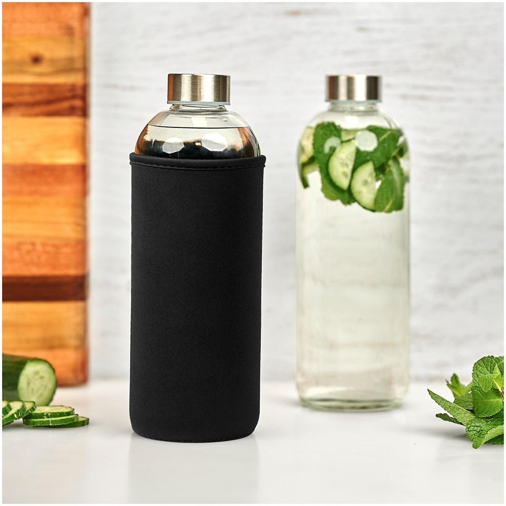 Kooshty Jumbo Glass Water Bottle - 1 Litre with Sleeve - Brand your company Logo! Get a quote - Promo Lingo