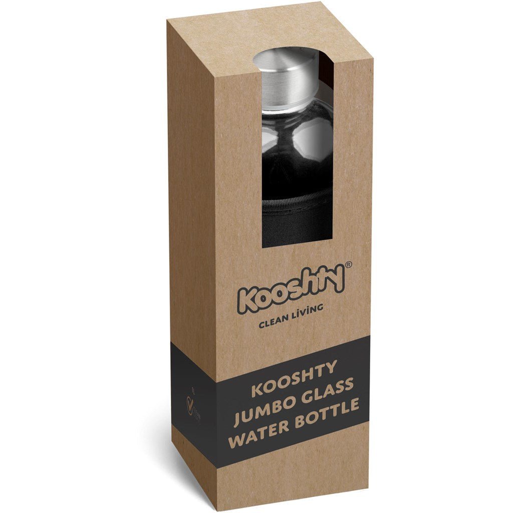 Kooshty Jumbo Glass Water Bottle - 1 Litre with Sleeve - Brand your company Logo! Get a quote - Promo Lingo