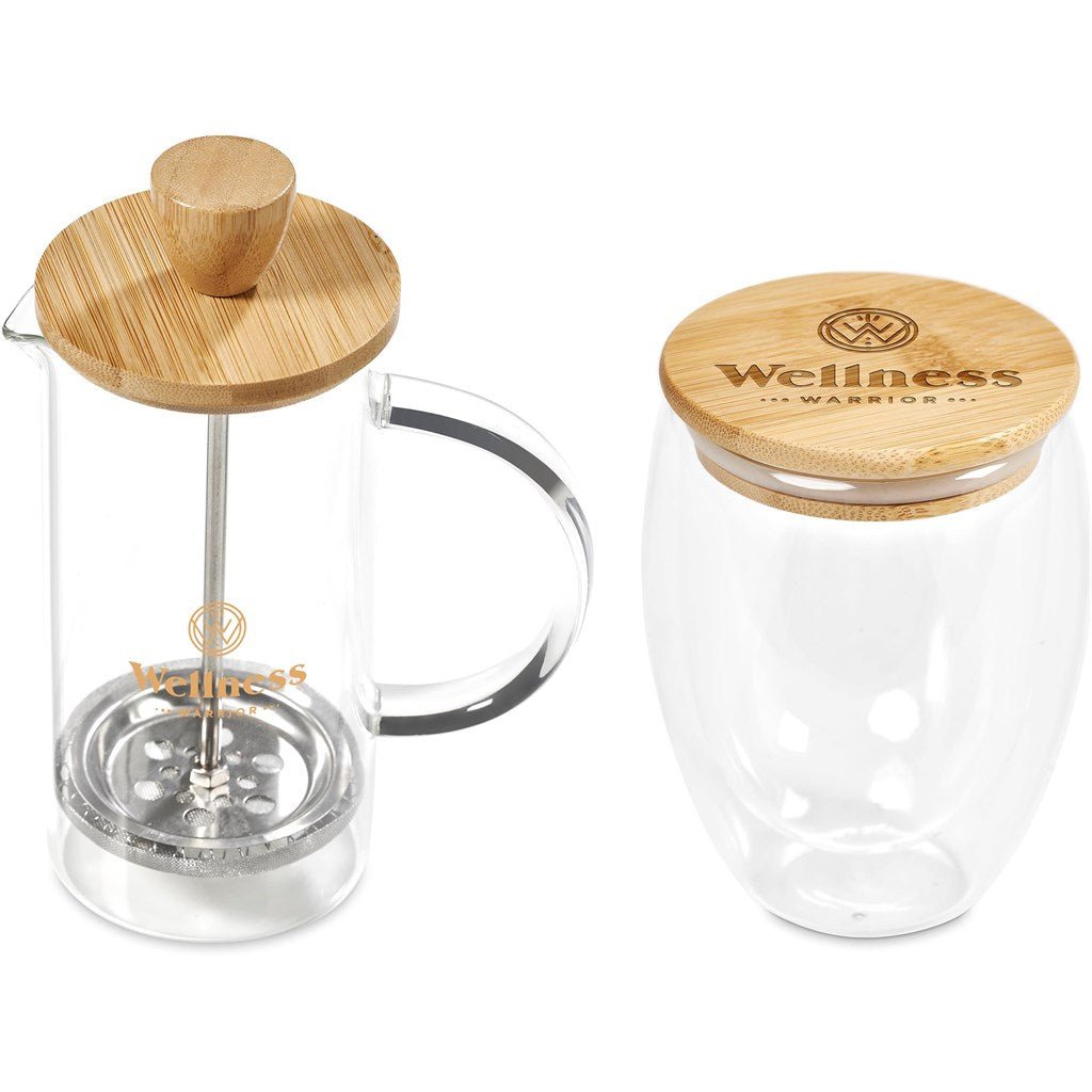 Okiyo Aibo Glass & Bamboo Coffee Set for Stylish Sips - Brand your company Logo! Get a quote - Promo Lingo