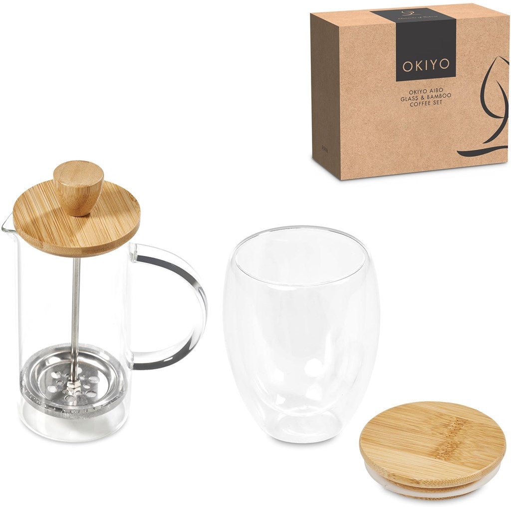 Okiyo Aibo Glass & Bamboo Coffee Set for Stylish Sips - Brand your company Logo! Get a quote - Promo Lingo
