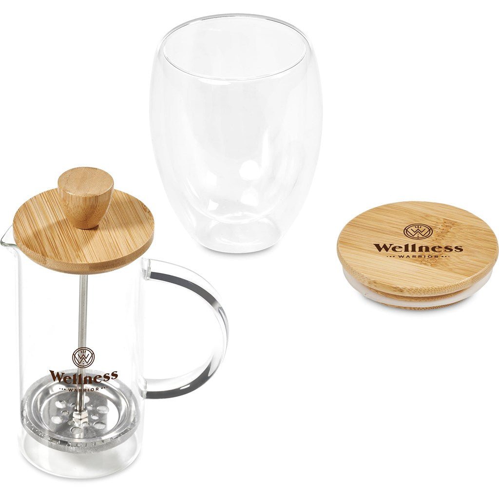 Okiyo Aibo Glass & Bamboo Coffee Set for Stylish Sips - Brand your company Logo! Get a quote - Promo Lingo
