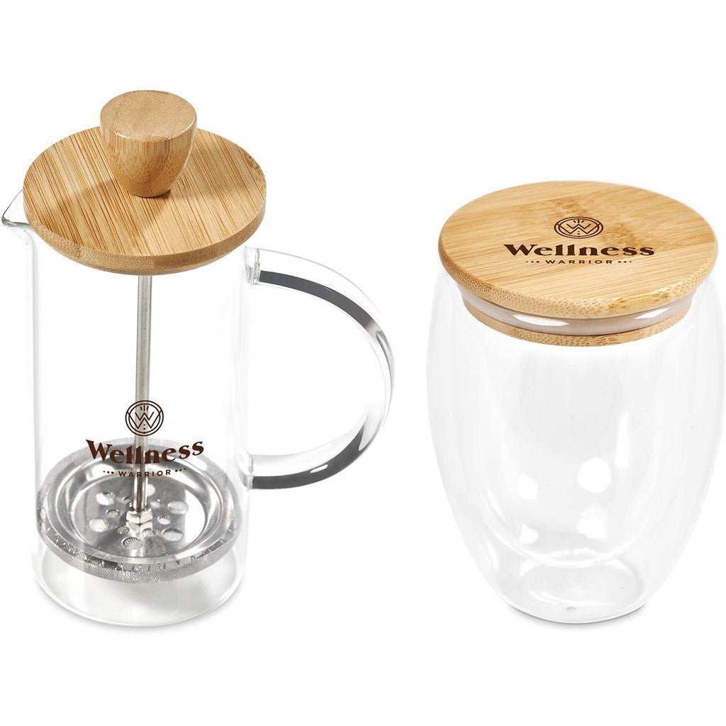 Okiyo Aibo Glass & Bamboo Coffee Set for Stylish Sips - Brand your company Logo! Get a quote - Promo Lingo