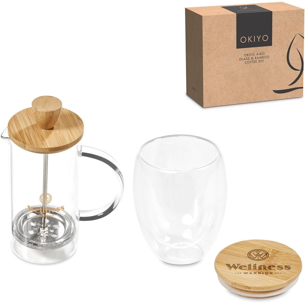 Okiyo Aibo Glass & Bamboo Coffee Set for Stylish Sips - Brand your company Logo! Get a quote - Promo Lingo