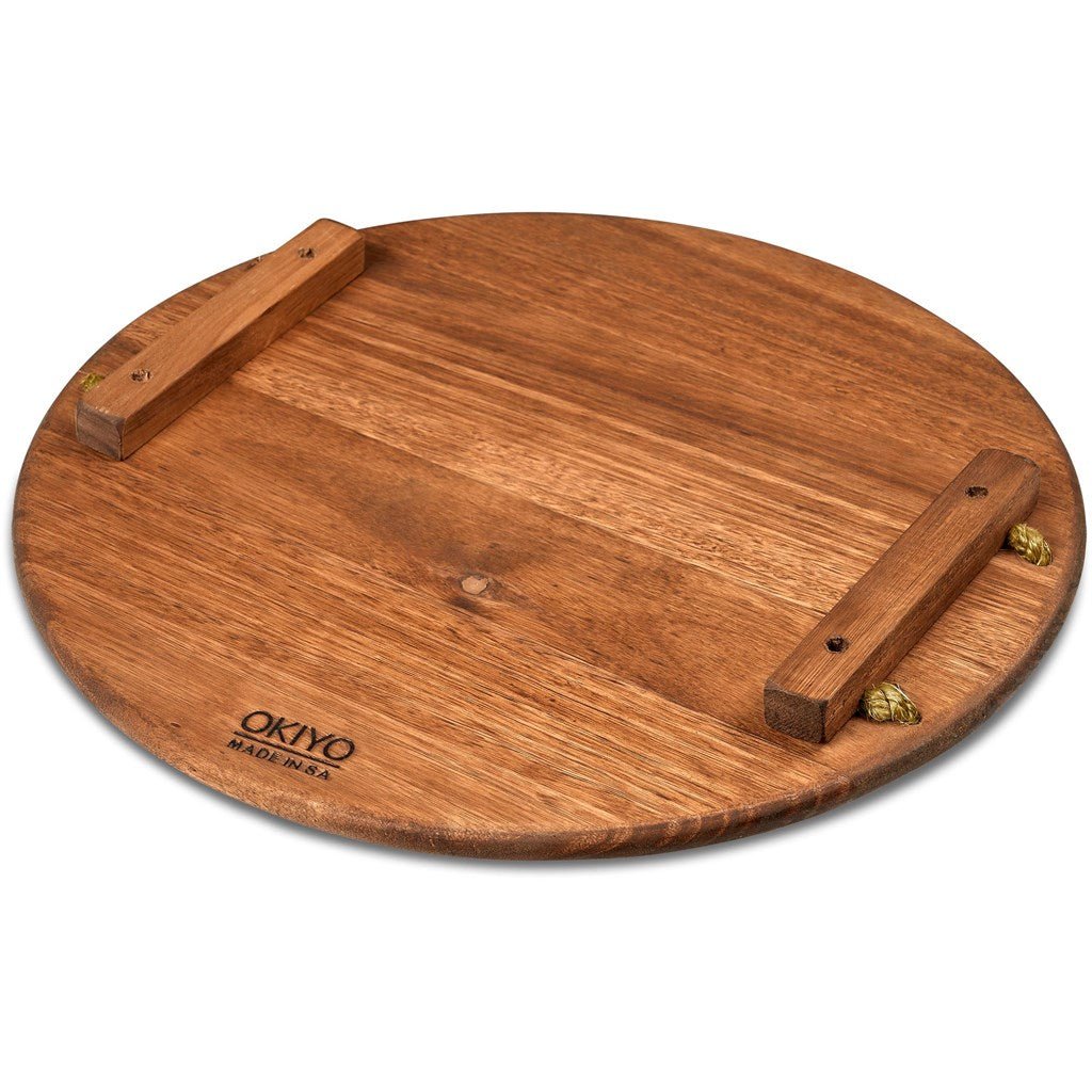 Okiyo Homegrown Large Round Hardwood Food Platter Unique Charm - Brand your company Logo! Get a quote - Promo Lingo