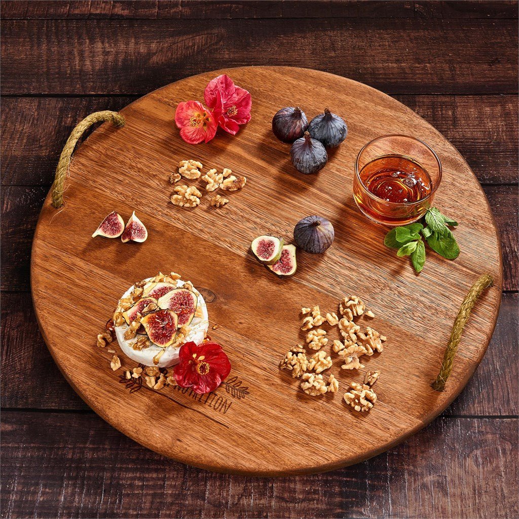 Okiyo Homegrown Large Round Hardwood Food Platter Unique Charm - Brand your company Logo! Get a quote - Promo Lingo