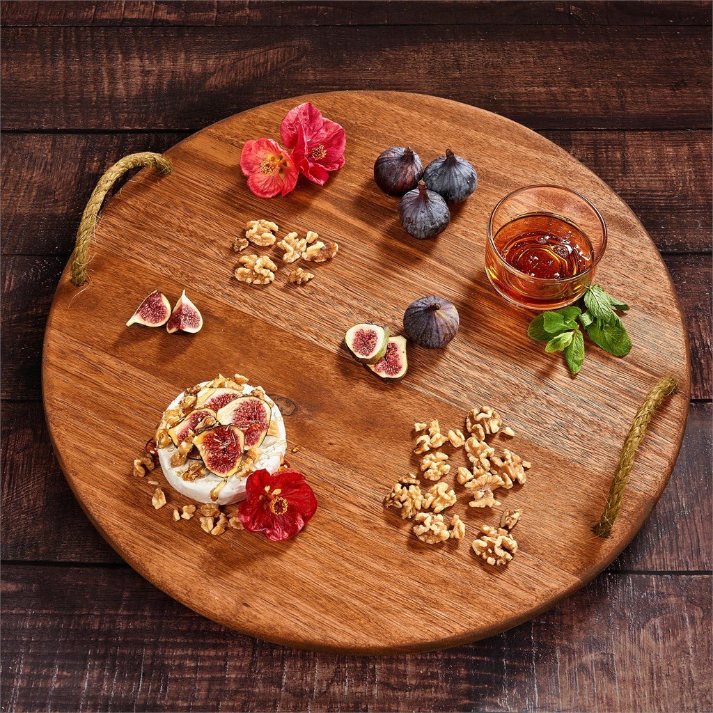 Okiyo Homegrown Large Round Hardwood Food Platter Unique Charm - Brand your company Logo! Get a quote - Promo Lingo
