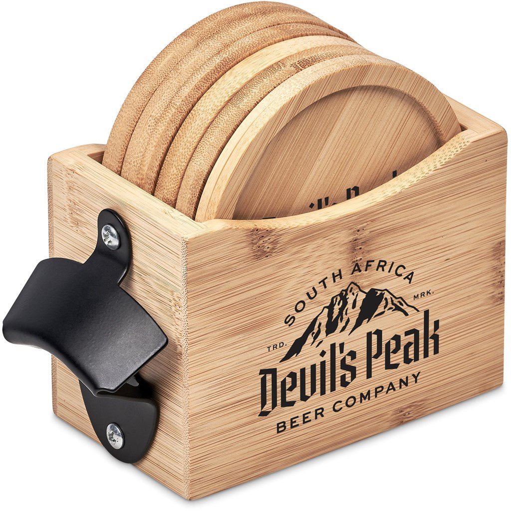 Okiyo Kanpai Bamboo Coaster & Bottle Opener Set Gift - Brand your company Logo! Get a quote - Promo Lingo