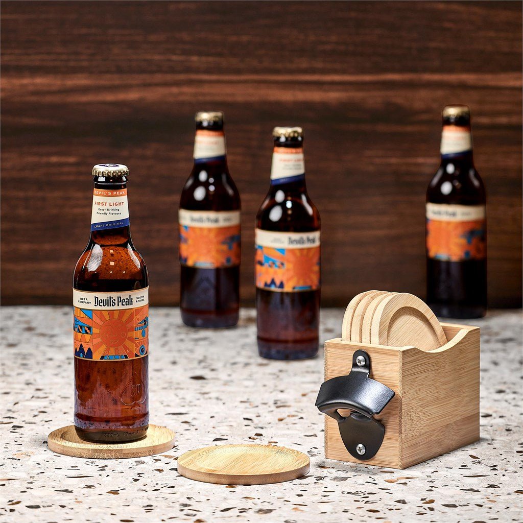 Okiyo Kanpai Bamboo Coaster & Bottle Opener Set Gift - Brand your company Logo! Get a quote - Promo Lingo