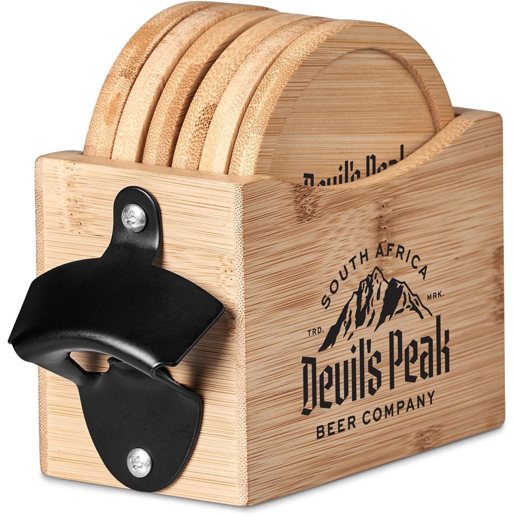 Okiyo Kanpai Bamboo Coaster & Bottle Opener Set Gift - Brand your company Logo! Get a quote - Promo Lingo