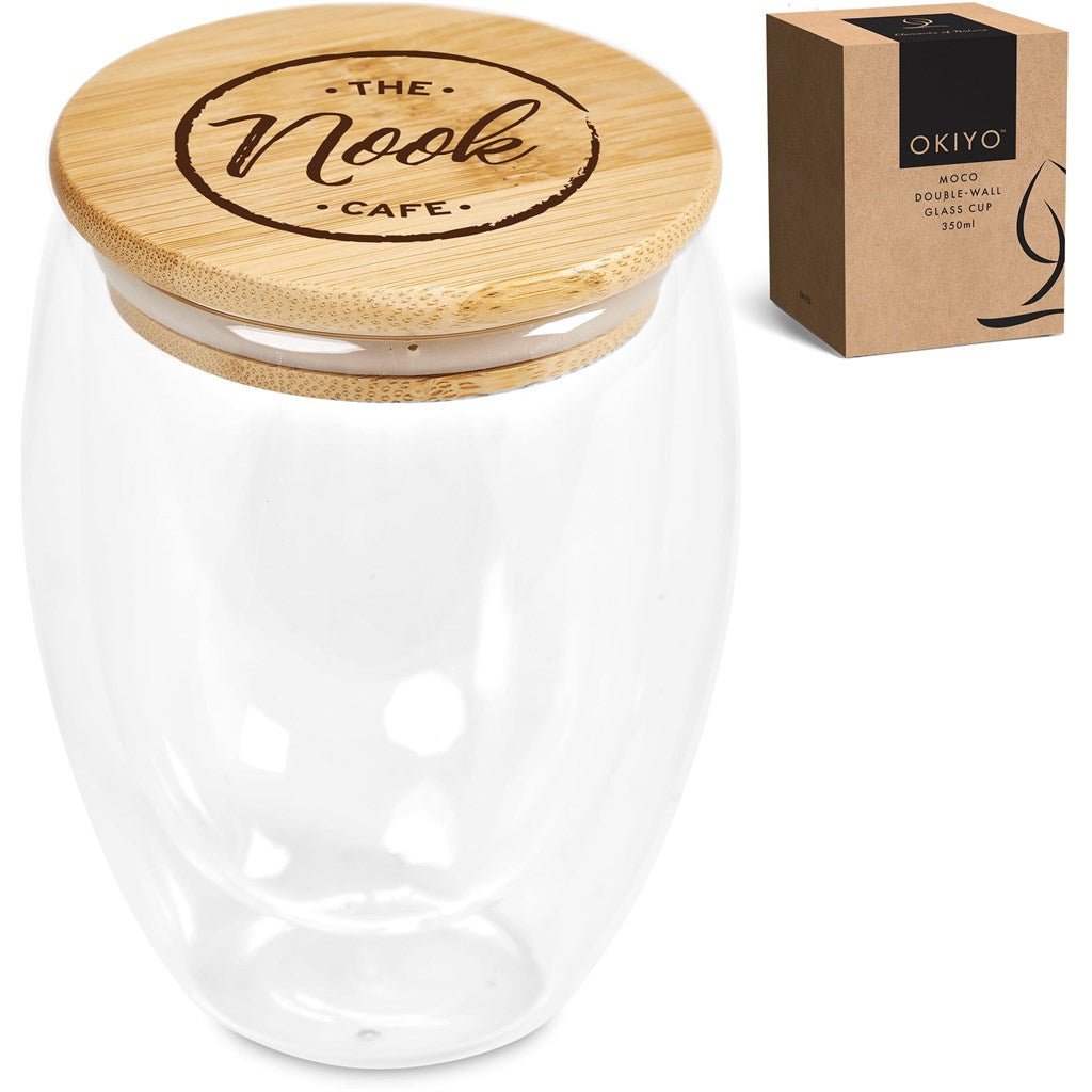 Okiyo Moco Glass & Bamboo Double - Wall Cup - 350ml Stylish - Brand your company Logo! Get a quote - Promo Lingo