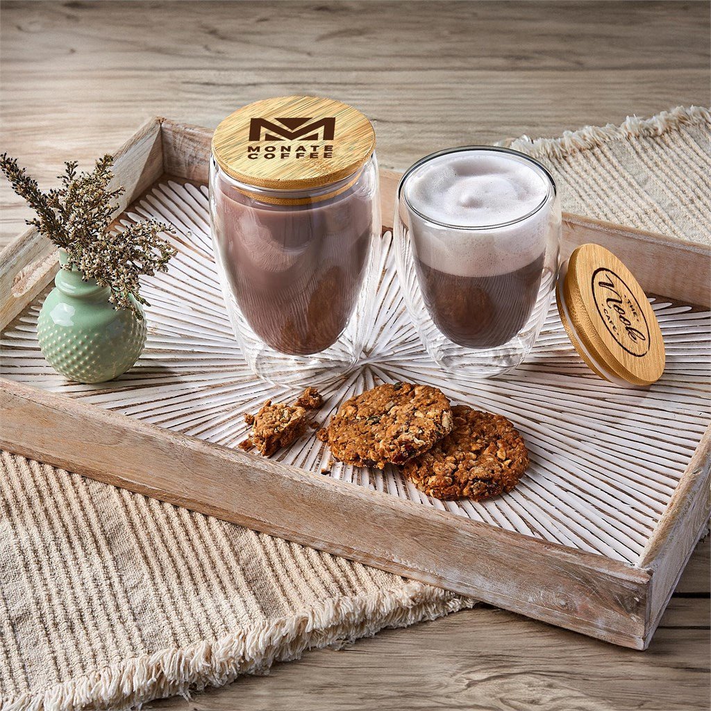 Okiyo Moco Glass & Bamboo Double - Wall Cup - 350ml Stylish - Brand your company Logo! Get a quote - Promo Lingo