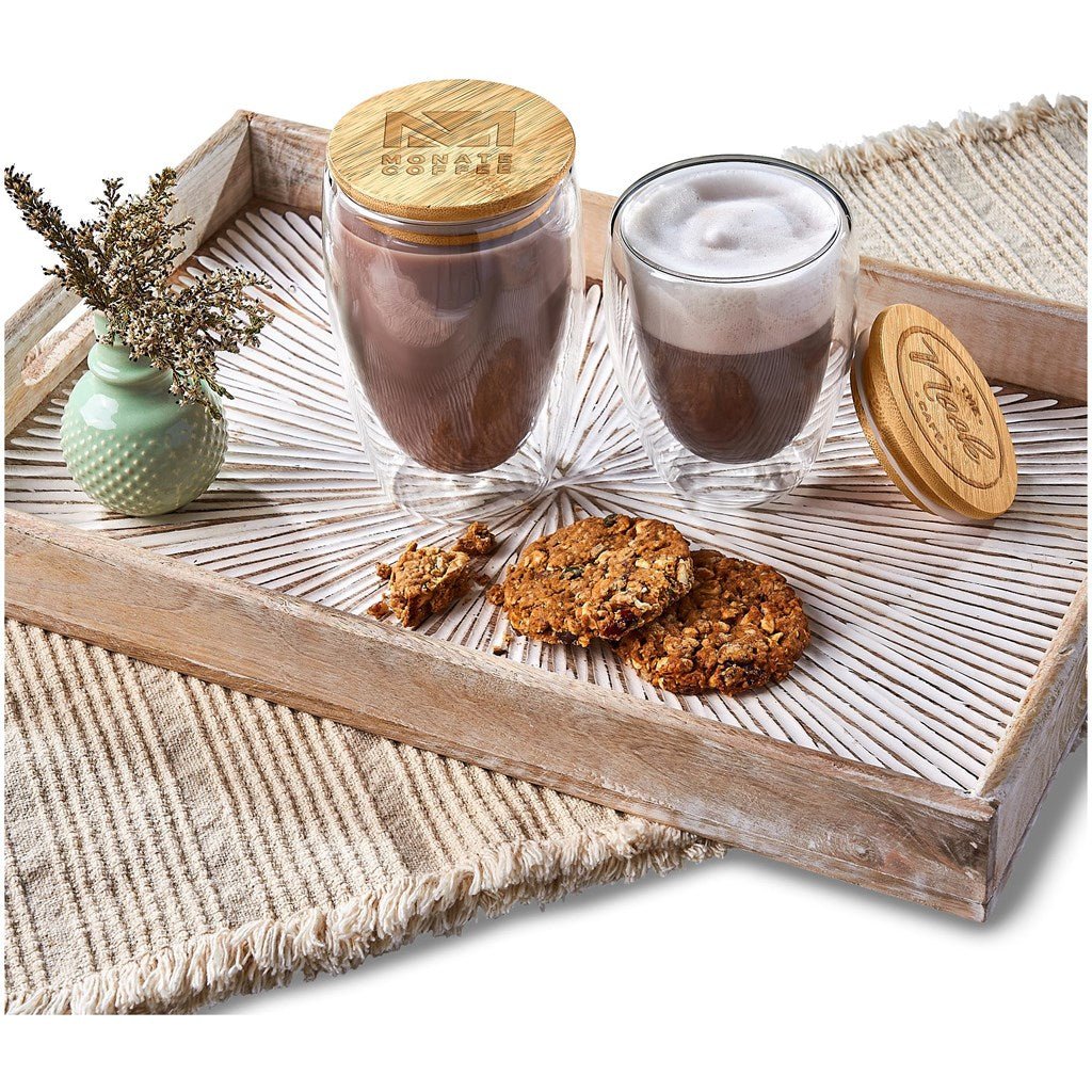 Okiyo Moco Glass & Bamboo Double - Wall Cup - 350ml Stylish - Brand your company Logo! Get a quote - Promo Lingo