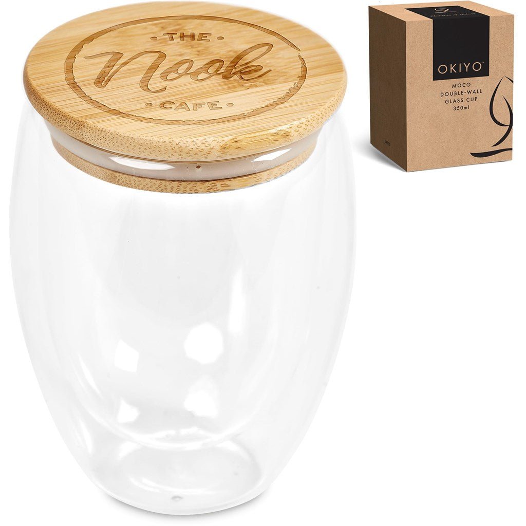 Okiyo Moco Glass & Bamboo Double - Wall Cup - 350ml Stylish - Brand your company Logo! Get a quote - Promo Lingo
