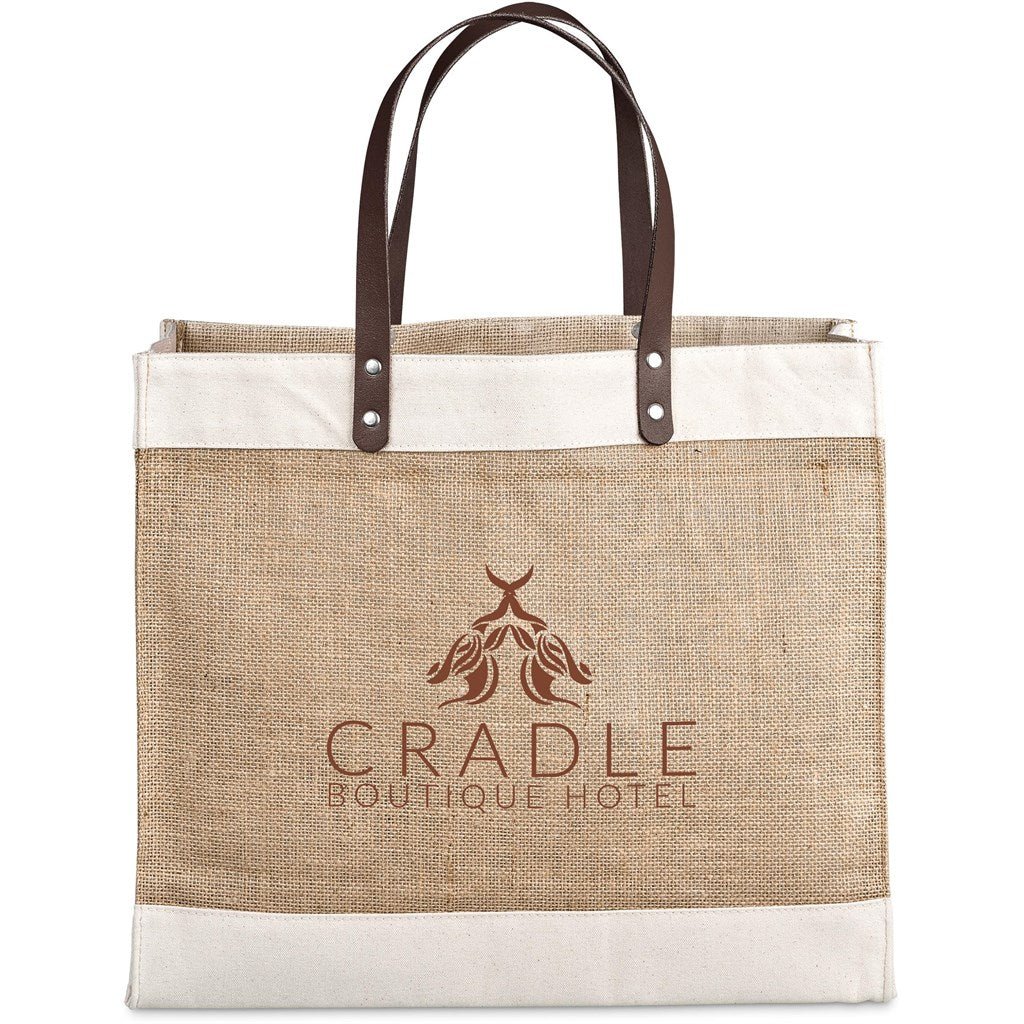 Okiyo Reza Jute & Cotton Tote with Leather Handles Stylish - Brand your company Logo! Get a quote - Promo Lingo