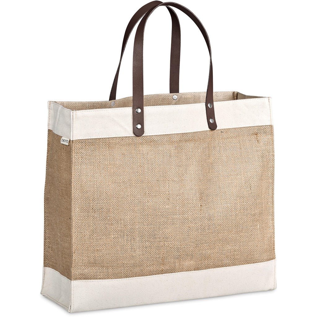 Okiyo Reza Jute & Cotton Tote with Leather Handles Stylish - Brand your company Logo! Get a quote - Promo Lingo