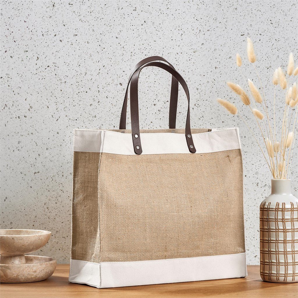 Okiyo Reza Jute & Cotton Tote with Leather Handles Stylish - Brand your company Logo! Get a quote - Promo Lingo