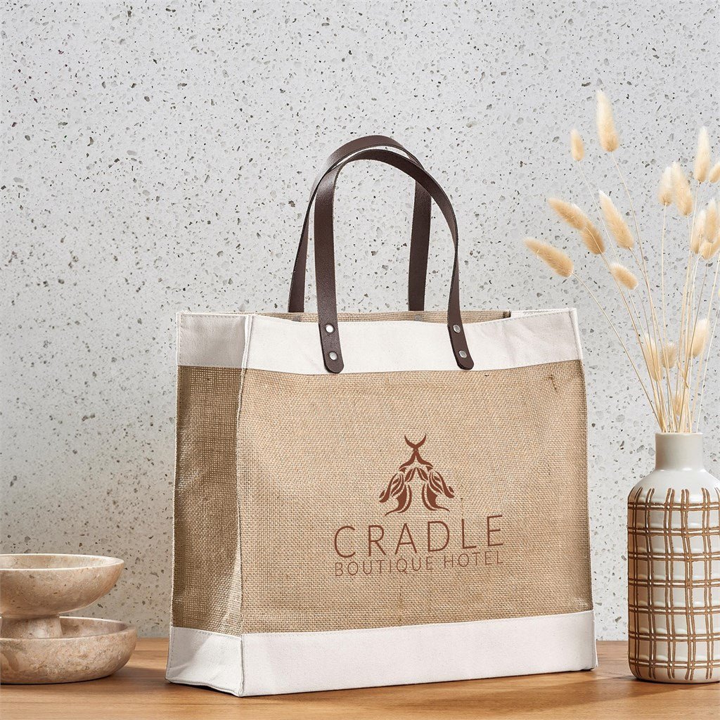 Okiyo Reza Jute & Cotton Tote with Leather Handles Stylish - Brand your company Logo! Get a quote - Promo Lingo