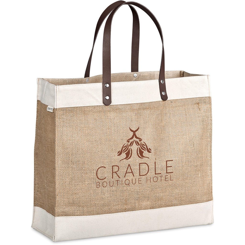 Okiyo Reza Jute & Cotton Tote with Leather Handles Stylish - Brand your company Logo! Get a quote - Promo Lingo