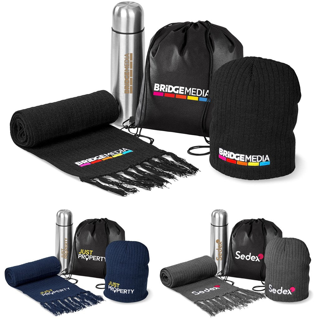 Piper Winter Set: Cozy Beanie, Scarf, and Flask Bundle - Brand your company Logo! Get a quote - Promo Lingo