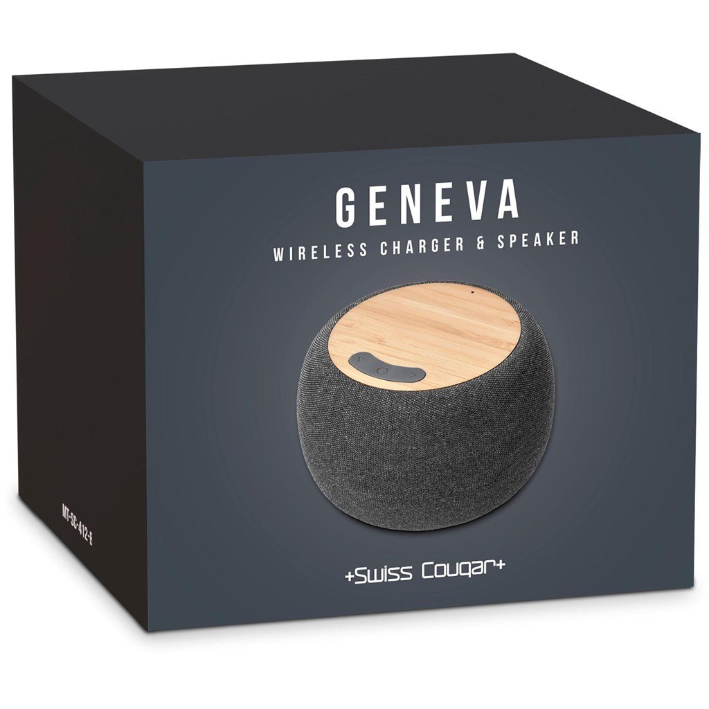 Swiss Cougar Geneva Wireless Charger & Bluetooth Speaker - Brand your company Logo! Get a quote - Promo Lingo