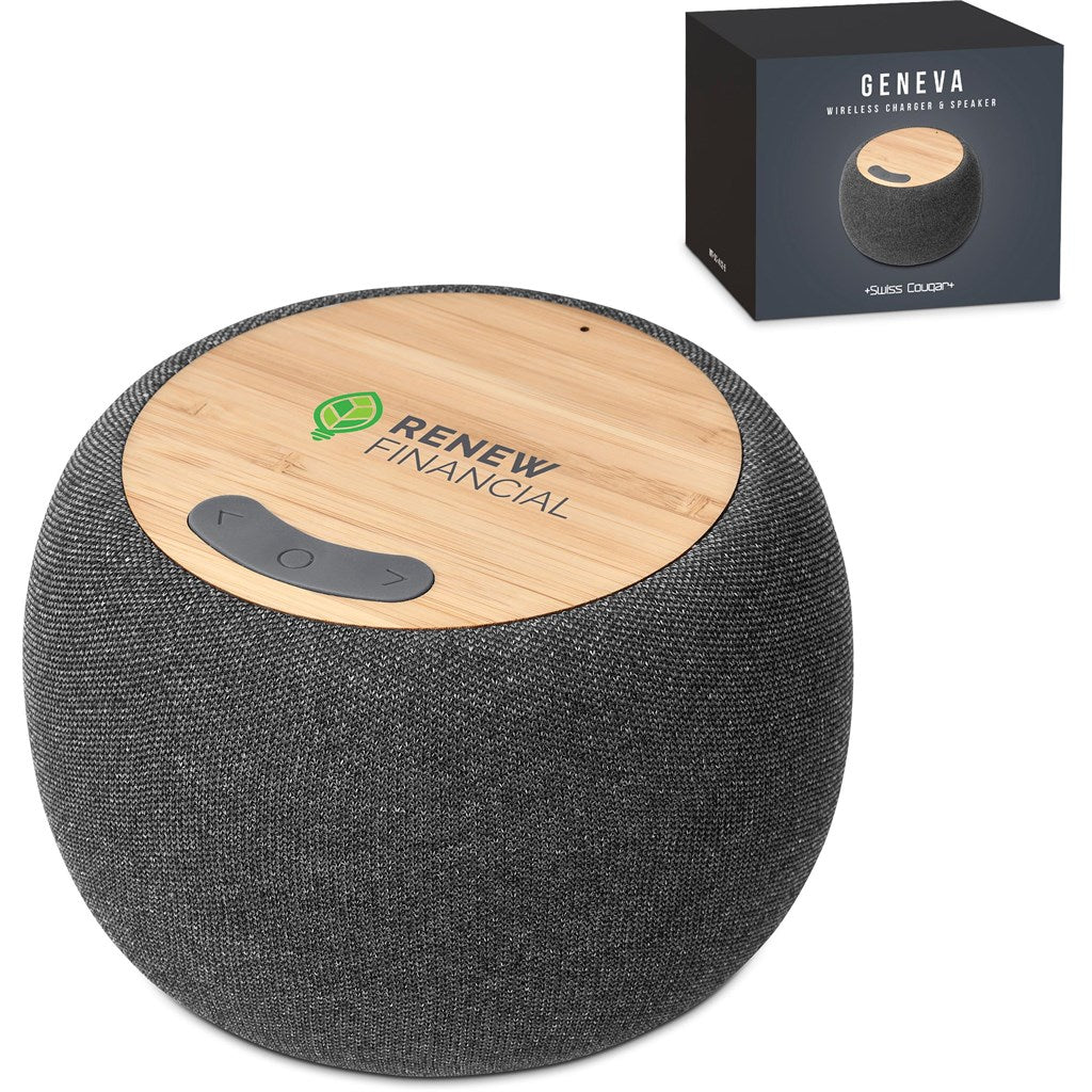 Swiss Cougar Geneva Wireless Charger & Bluetooth Speaker - Brand your company Logo! Get a quote - Promo Lingo
