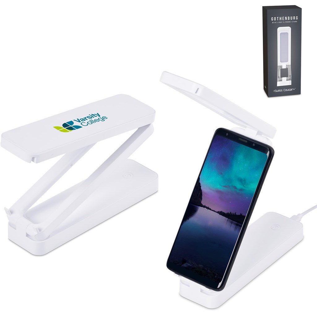 Swiss Cougar Gothenburg Desk Light & Phone Stand - Solid White - Brand your company Logo! Get a quote - Promo Lingo