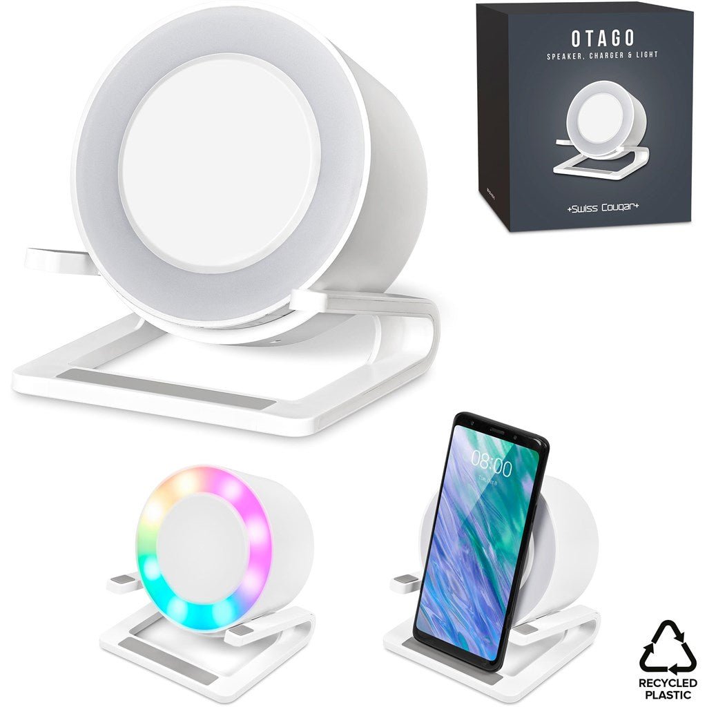 Swiss Cougar Otago Bluetooth Speaker, Wireless Charger, Phone Stand & Night Light - Brand your company Logo! Get a quote - Promo Lingo