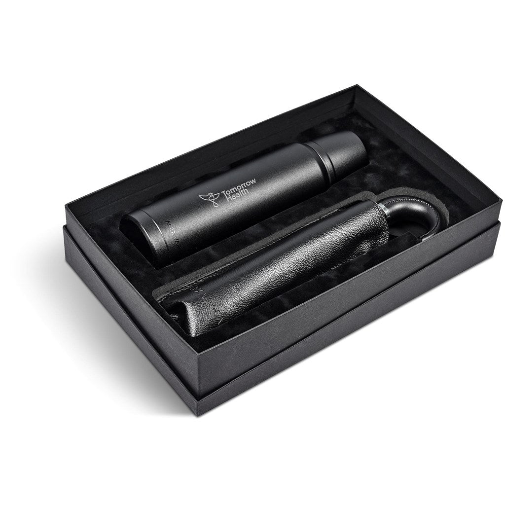 Alex Varga Crixus Gift Set - Elegant Flask and Umbrella - Brand your company Logo! Get a quote - Promo Lingo