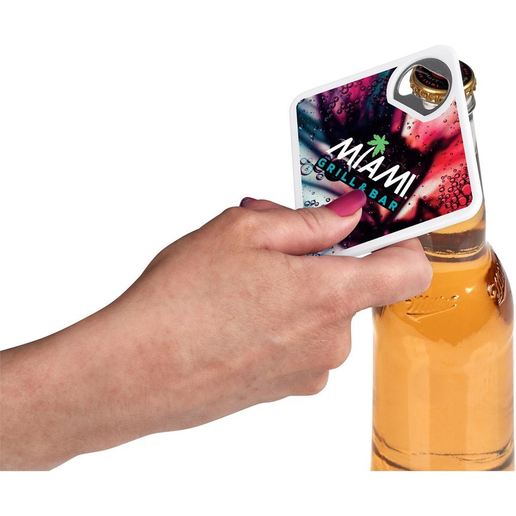 Altitude Sela Recycled Plastic Bottle Opener Coaster - Brand your company Logo! Get a quote - Promo Lingo