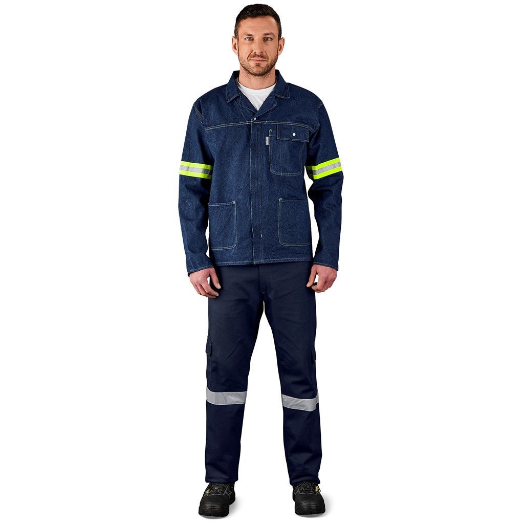 Cast Premium 100% Cotton Denim Jacket - Reflective Arms & Back - Yellow Tape - Brand your company Logo! Get a quote - Promo Lingo
