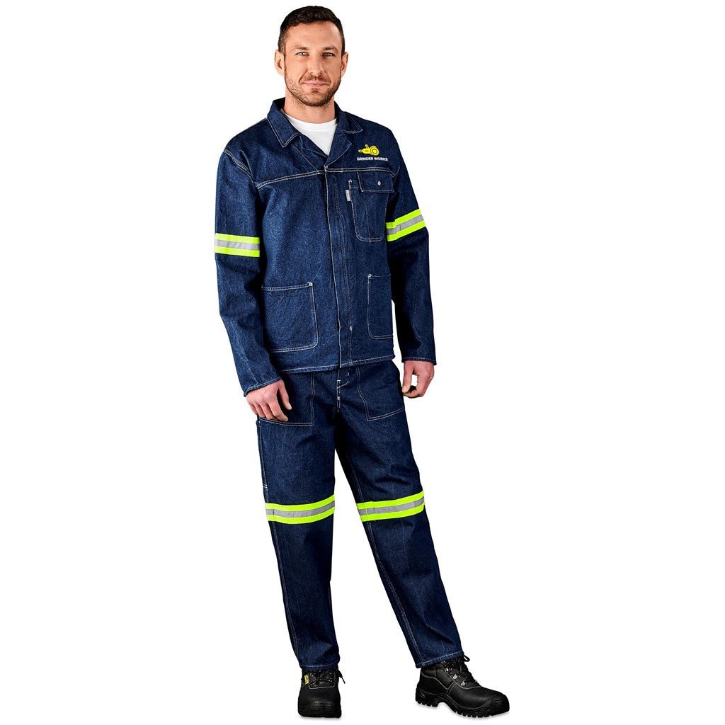 Cast Premium 100% Cotton Denim Jacket - Reflective Arms & Back - Yellow Tape - Brand your company Logo! Get a quote - Promo Lingo