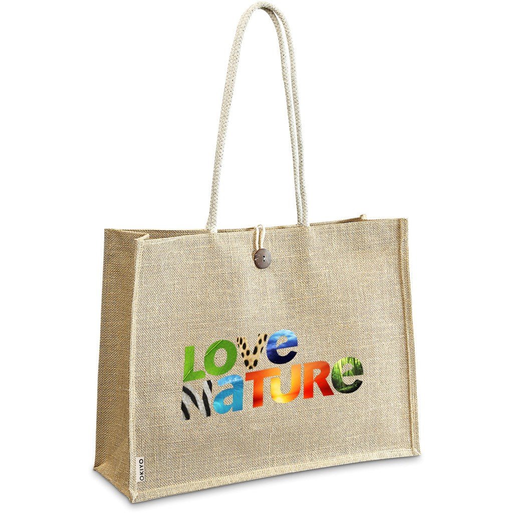 Eco - Friendly Okiyo Shinrin Jute Tote with Cotton Handles - Brand your company Logo! Get a quote - Promo Lingo