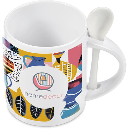 Eden Sublimation Ceramic Coffee Mug & Spoon Set - 320ml - Brand your company Logo! Get a quote - Promo Lingo