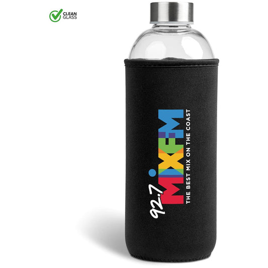 Kooshty Jumbo Glass Water Bottle - 1 Litre with Sleeve - Brand your company Logo! Get a quote - Promo Lingo