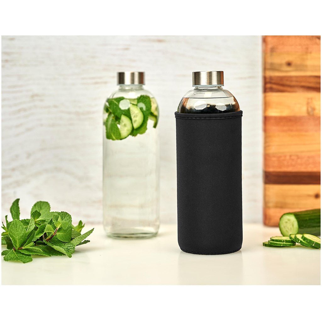 Kooshty Jumbo Glass Water Bottle - 1 Litre with Sleeve - Brand your company Logo! Get a quote - Promo Lingo