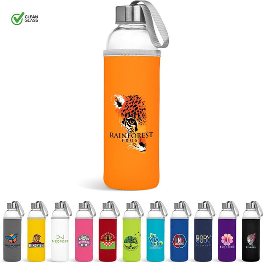 Kooshty Neo Glass Water Bottle - 500ml with Sleeve - Brand your company Logo! Get a quote - Promo Lingo