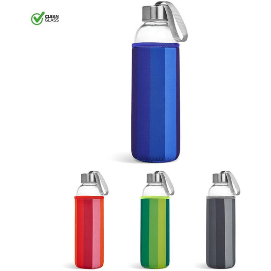 Kooshty Quirky Glass Water Bottle - 500ml with Sleeve - Brand your company Logo! Get a quote - Promo Lingo