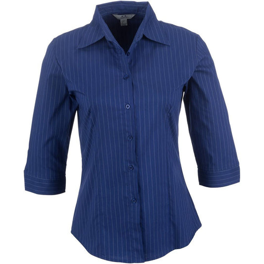 Ladies 3/4 Sleeve Manhattan Striped Shirt - Blue - Brand your company Logo! Get a quote - Promo Lingo