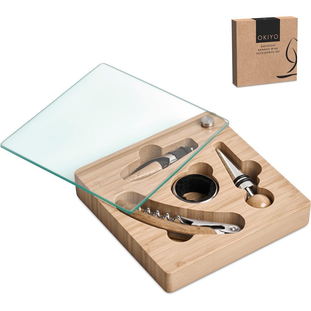 Okiyo Budonoki Bamboo Wine Accessories set - Brand your company Logo! Get a quote - Promo Lingo