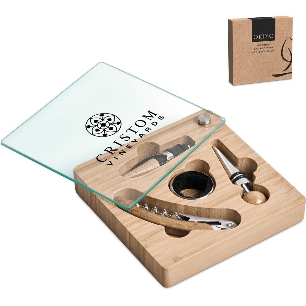 Okiyo Budonoki Bamboo Wine Accessories set - Brand your company Logo! Get a quote - Promo Lingo